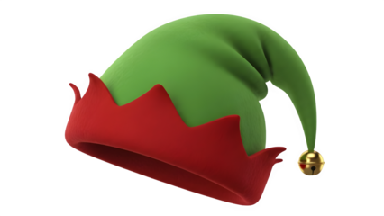 Green Felt Elf Hat with Red Trim and Gold Bell Isolated on Transparent Background PNG