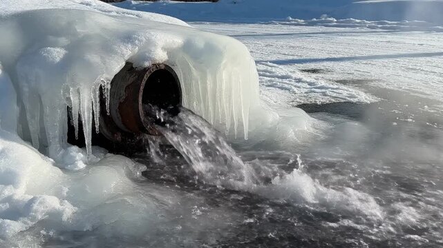 Winter pipe discharging water into a frozen lake, with icicles and steam demonstrating cold weather interaction