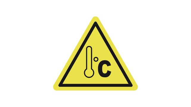 4K footage warning high temperature zone hazard yellow black icon sign loop animation. Isolated on white background. Hazard symbol. Ideal for presentations, motion graphics, digital art