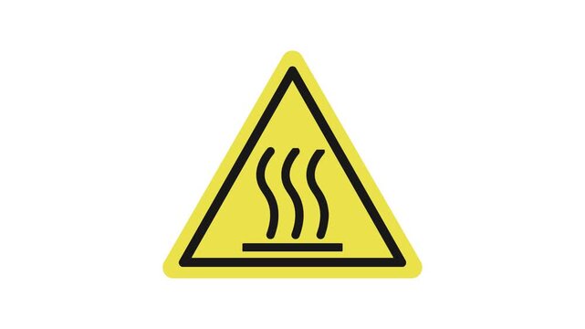 4K footage warning hot surface zone hazard yellow black icon sign loop animation. Isolated on white background. Hazard symbol. Ideal for presentations, motion graphics, digital art