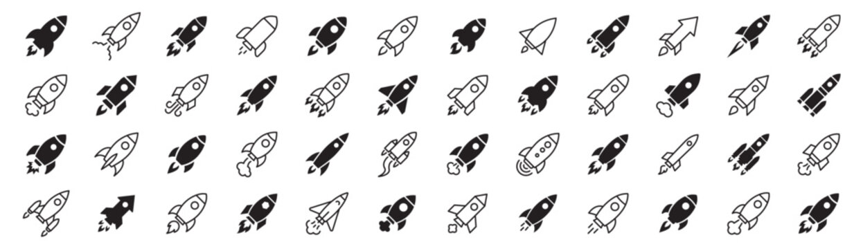 Rocket icons mega set. Space launch rocket symbols in line and solid styles. Big startup, innovation and space exploration collection for technology, business and science design &ndash; stock vector
