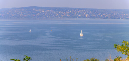 Balatonakarattya, Hungary. Panoramic view of Balatonakarattya on a sunny summer day with turquoise Lake Balaton.