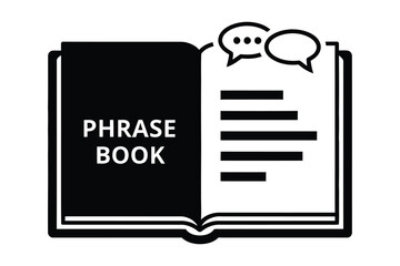 A black and white icon illustration of an open phrasebook with speech bubbles