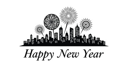 Fototapeta premium City skyline with fireworks and happy new year text black and white