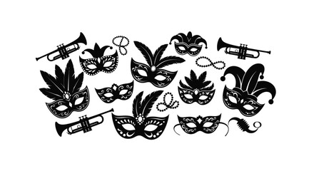 Black and white illustration of mardi gras masks trumpets and festive elements © Md Shifat