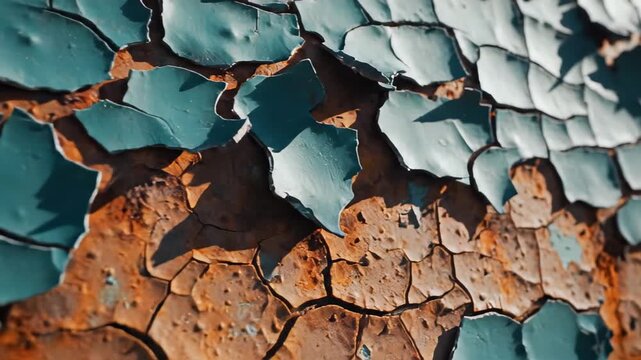 Close up view shows cracked blue paint revealing rusty surface underneath. Detailed texture captured in natural light. Concept of design, renovation, construction