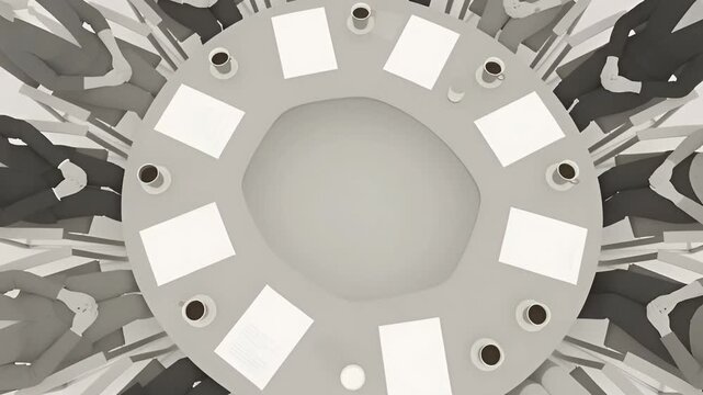 A high-angle top-down shot of a peer support group meeting in a modern office, forming a unified geometric circle.