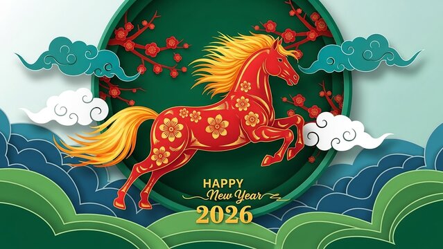 Chinese new year 2026 greeting card with red horse zodiac animal in paper cut style