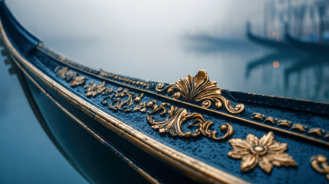 Ornate golden floral decorations on the bow of a traditional black Venetian boat with blurred scenic water and docks in the background during misty weather