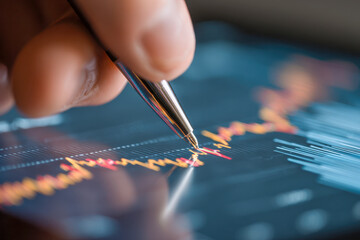 Business person analyzing financial data on digital screen with a pen indicating stock market trends and investment growth potential in close-up view