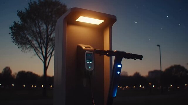 Time-lapse of an electric scooter charging at a solar powered station in a city park from day to night, showcasing 24/7 sustainable energy.