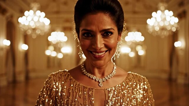 Indian woman in a golden dress and diamond jewelry with a happy expression at an elegant event
