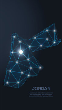 Low-poly vector map of Jordan featuring glowing city lights and population density illustrated through star-like dots and cosmic shapes.