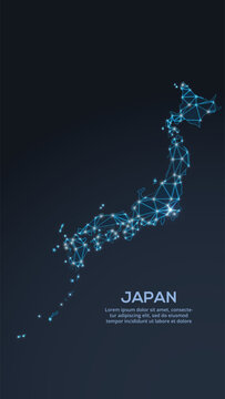 Low-poly vector map of Japan featuring glowing city lights and population density illustrated through star-like dots and cosmic shapes.