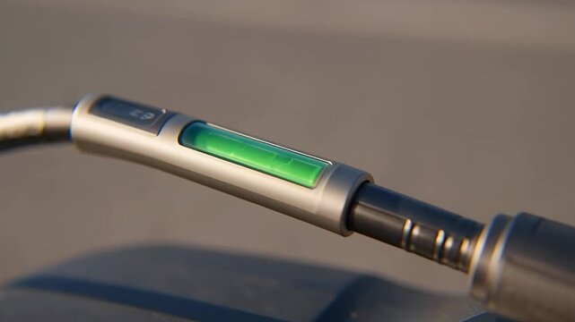Extreme close-up dynamic shot of an electric scooter charging at a solar powered station, highlighting the cable connection and glowing green status LED.