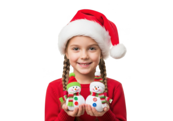 A young girl in a santa hat holding two small snowmen figurines isolated on transparent background