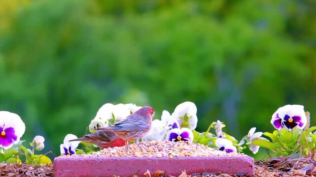 Two small house finches perched on a brick bird feeder surrounded by vibrant white and purple pansy flowers outdoors