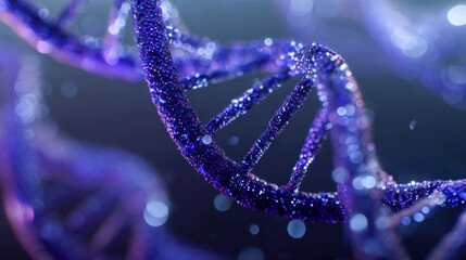 Detailed visualization of a glowing purple double helix strand representing genetic information in a futuristic and dynamic molecular biology concept scene