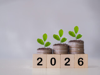 Wooden blocks with the number 2026 and plants growing up on stack of coins. The concept of saving money, Financial, Investment and Business growing in year 2026.