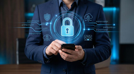 Cybersecurity and Blockchain Security in Digital Data Protection. Businessman with cybersecurity and blockchain icons, encryption, and decentralized for financial security, privacy, and online safety.