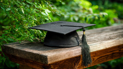A graduation cap resting on a weathered wooden bench surrounded by lush green foliage in a serene outdoor setting signaling academic achievement and success