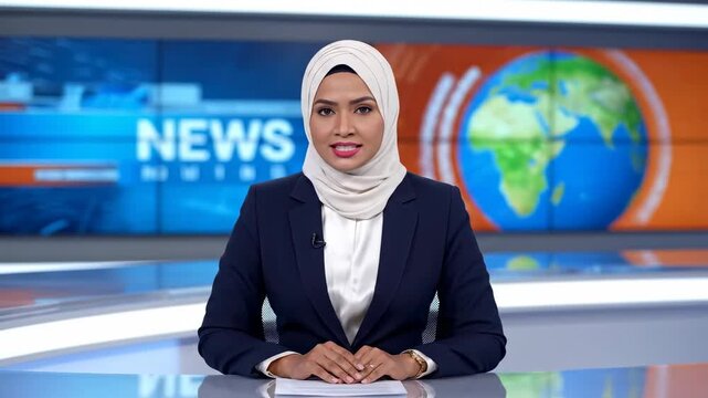 Woman news anchor delivers broadcast in studio with global map background, professional female journalist reporting on current events