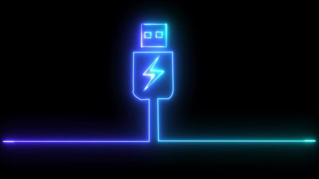 Abstract neon USB blue color port icon set. computer blue color ,USB socket data cable symbol. connect external device USB sign. isolated on black background 4k video .