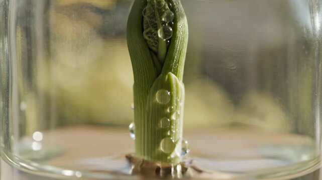 Onion bulb develops roots in water while green shoots emerge from bulb over time. Clear glass container shows growth process. Concept of gardening, home cooking, fresh produce