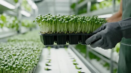 Hands are holding trays of green seedlings in hydroponic setup. Indoor agricultural farm with organized rows and structured lighting. Concept of sustainable farming, gardening, agriculture