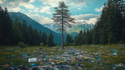 Lonely tree in polluted mountain valley with scattered garbage