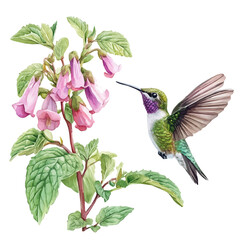 Hummingbird Mint Flower, watercolor vector depicting playful antics, isolated on a white background.