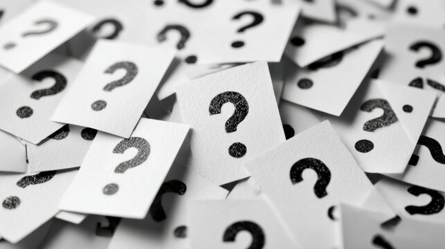 Numerous small cards scattered randomly featuring prominent black question marks representing confusion, curiosity, and the search for answers in monochrome tones