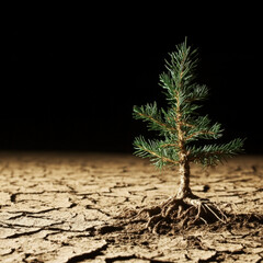 Small pine seedling with roots on cracked dry soil, dark background
