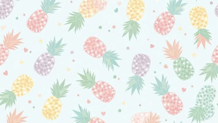 Colorful pineapple pattern with pastel dots and hearts for tropical themed design