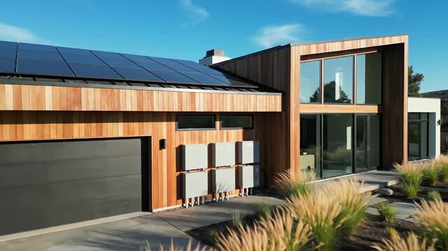 Modern home with solar panel roof and battery storage system for sustainable living and clean energy solution
