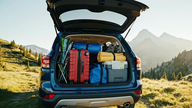 Blue sport utility vehicle trunk loaded with camping gear, travel luggage, and cooler for adventure trip