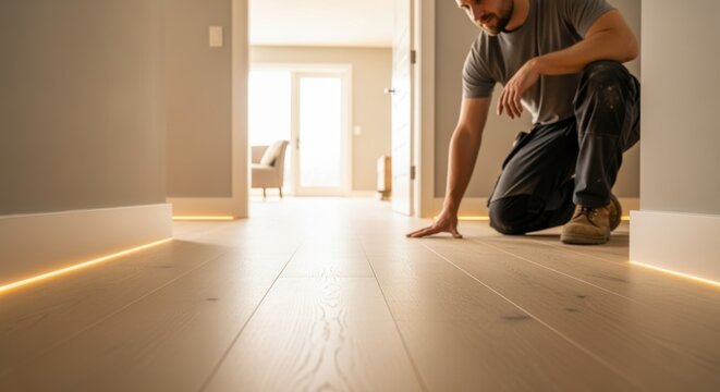 Final walkthrough of warm radiant floor heating retrofit completed in apartment hallway focusing on sleek modern flooring surface.