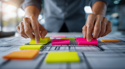 Hands organizing colorful sticky notes on detailed architectural blueprints during a collaborative planning and design session in a modern workspace environment