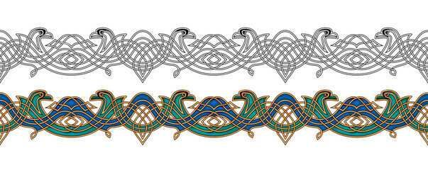 Celtic knot design with magic birds. Luxury border vintage with golden waves. Seamless pattern. Color and black and white template. Print for fabric, embroidery, carpet, wallpaper. Hand drawn vector
