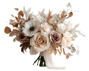 Bouquet of white and beige roses and flowers with ribbon isolated on a transparent background
