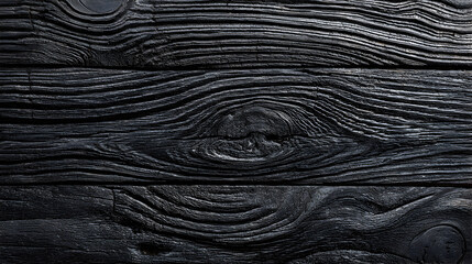 A close-up view of dark, charred wooden planks showing prominent grain texture and knots