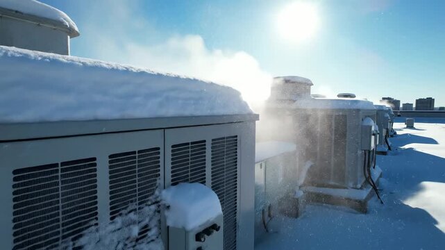 Row of rooftop HVAC units covered in snow during a freezing winter day with sun. Heating and cooling systems operating in extreme weather.