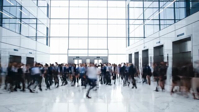 Business people, men and women, in motion at an office building lobby, showing bustling activity and modern corporate environment video footage