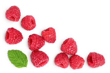 Ripe raspberries with leaf isolated on a white background. Top view. Flat lay