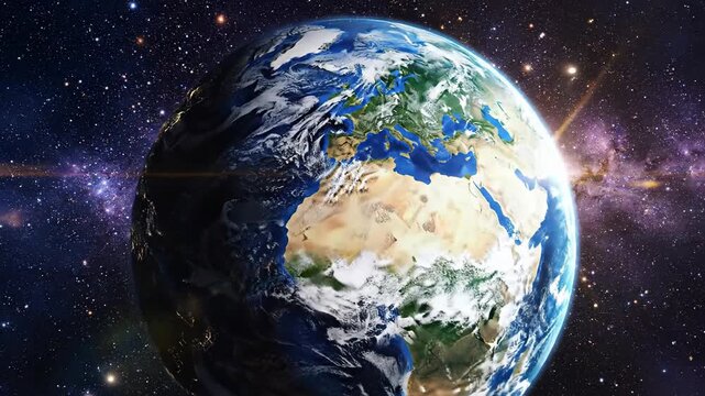 Planet earth in space with sunlight and stars universe exploration concept