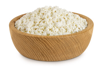 Cottage Cheese, Curd in wooden bowl isolated on white background with full depth of field