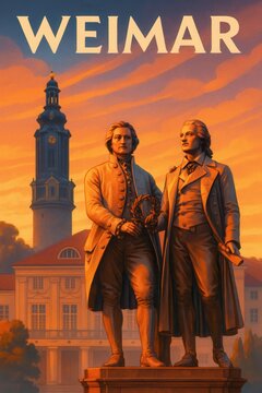 Statue of Goethe and Schiller in front of the German National Theatre in Weimar with a dramatic sunset sky and classic architecture in the background