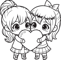 Valentine's Day Anime Couple Line Art Vector. 14 February Romantic Manga Sketch for T-shirt Print.