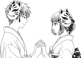 Valentine's Day Anime Couple Line Art Vector. 14 February Romantic Manga Sketch for T-shirt Print.