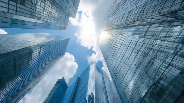 ガラス越しに映り合う都市の景色と青空の交差点
